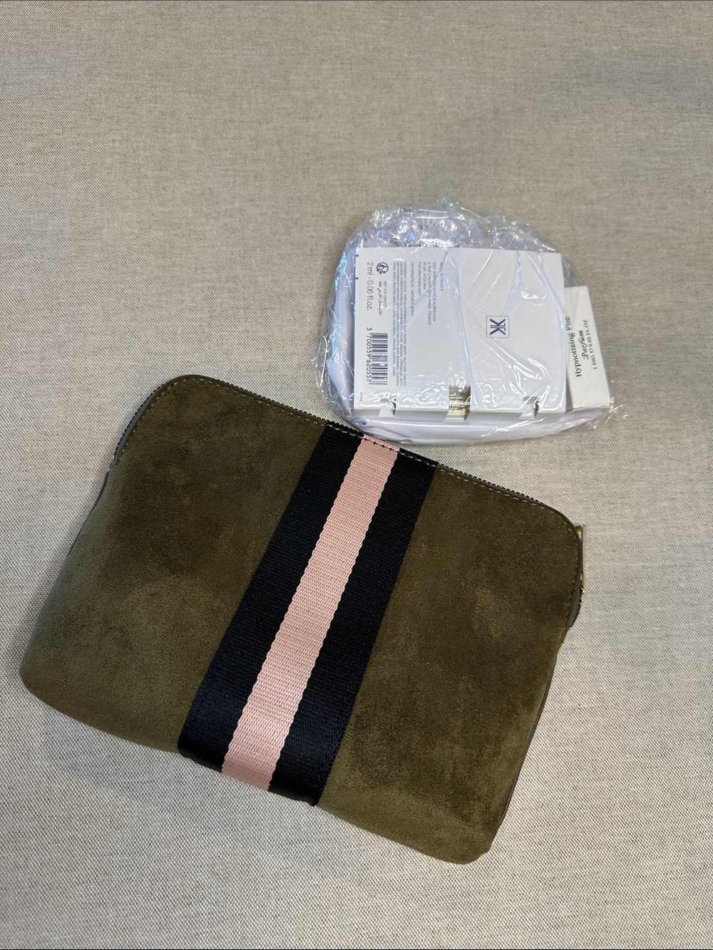 Olive Suede Tote with Black and Pink Center Stripe - Picture 11 of 12